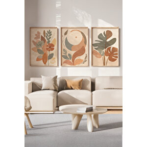 Boho Minimal Bitki Ve Ay 3 Parçalı Ahşap Çerçeveli Tablo Seti 50x70 cm