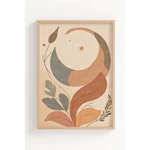 Boho Minimal Bitki Ve Ay 3 Parçalı Ahşap Çerçeveli Tablo Seti 50x70 cm