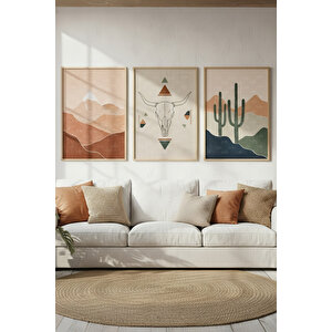 Bohem Çöl Temalı 3’lü Ahşap Çerçeveli Tablo Seti - Salon Dekoru 50x70 cm
