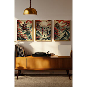 Samuray Ve Japon Doğa Manzarası 3 Parçalı Ahşap Çerçeveli Tablo Seti 30x42 cm
