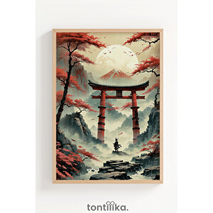 Samuray Ve Japon Doğa Manzarası 3 Parçalı Ahşap Çerçeveli Tablo Seti