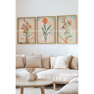 Soft Çizgilerle Lale Temalı 3'lü Ahşap Çerçeveli Tablo Seti 21x30 cm