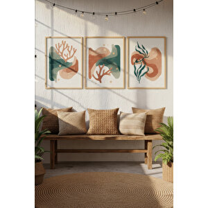 Soyut Mercan Ve Bitki Desenli 3’lü Modern Ahşap Çerçeveli Tablo Seti - Salon Dekoru 50x70 cm