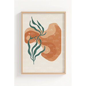 Soyut Mercan Ve Bitki Desenli 3’lü Modern Ahşap Çerçeveli Tablo Seti - Salon Dekoru