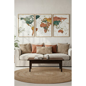Vintage Dünya Haritası 3 Parçalı Ahşap Çerçeveli Tablo Seti 30x42 cm