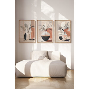 Vazo İçinde Çiçekler 3 Parçalı Ahşap Çerçeveli Tablo Seti 21x30 cm