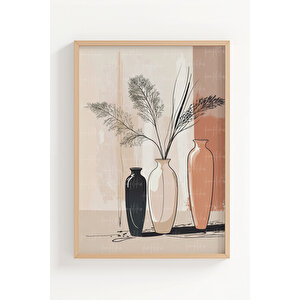 Vazo İçinde Çiçekler 3 Parçalı Ahşap Çerçeveli Tablo Seti