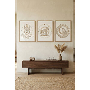 Geometrik Kurt Figürlü 3’lü Ahşap Çerçeveli Tablo Seti - Salon Duvar Dekoru 30x42 cm