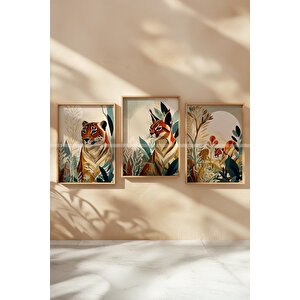 Tropikal Hayvan Temalı 3'lü Ahşap Çerçeveli Tablo Seti 21x30 21x30 cm