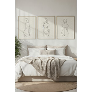 Minimalist Kadın Figürü 3 Parçalı Ahşap Çerçeveli Tablo Seti 50x70 cm