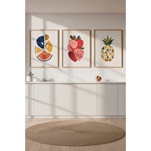 Minimalist Meyve İllüstrasyonu 3’lü Ahşap Çerçeveli Tablo Seti 30x42 cm