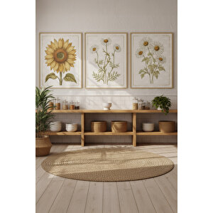 Ayçiçeği Ve Papatya 3’lü Vintage Ahşap Çerçeveli Tablo Seti - Mutfak Dekoru 21x30 cm