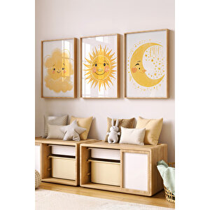 Bebek Ve Çocuk Odası Sarı Güneş, Ay Ve Bulut Tema Ahşap Çerçeveli 3'lü Tablo Seti 21x30 cm