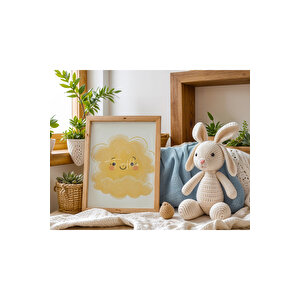 Bebek Ve Çocuk Odası Sarı Güneş, Ay Ve Bulut Tema Ahşap Çerçeveli 3'lü Tablo Seti 21x30 cm