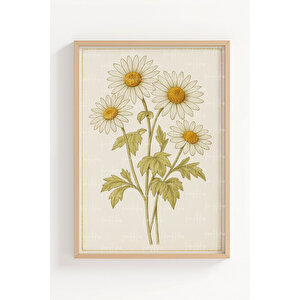 Ayçiçeği Ve Papatya 3’lü Vintage Ahşap Çerçeveli Tablo Seti - Mutfak Dekoru
