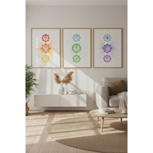 Çakra Sembolleri Manevi İllüstrasyon 3’lü Ahşap Çerçeveli Tablo Seti 30x42 cm