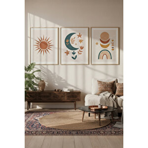 Güneş Ay Ve Gökyüzü 3 Parçalı Ahşap Çerçeveli Tablo Seti - Minimalist 21x30 cm