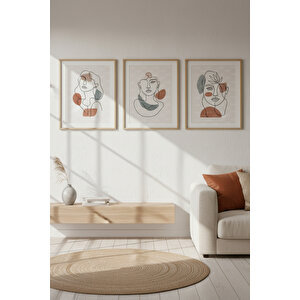 Minimalist Çizgisel Yüz İllüstrasyonu 3’lü Ahşap Çerçeveli Tablo Seti 50x70 cm