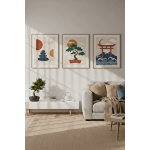 Minimalist Japon Kültürü İllüstrasyonu 3’lü Ahşap Çerçeveli Tablo Seti 30x42 cm
