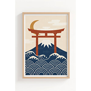 Minimalist Japon Kültürü İllüstrasyonu 3’lü Ahşap Çerçeveli Tablo Seti 30x42 cm