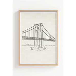 Şehir Ve Köprü Çizim Temalı 3’lü Ahşap Çerçeveli Tablo Seti - Çalışma Odası Dekoru 21x30 cm