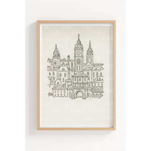 Şehir Ve Köprü Çizim Temalı 3’lü Ahşap Çerçeveli Tablo Seti - Çalışma Odası Dekoru 21x30 cm