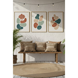 Soyut Renk Bloklu 3’lü Modern Ahşap Çerçeveli Tablo Seti - Salon Dekoru 21x30 cm