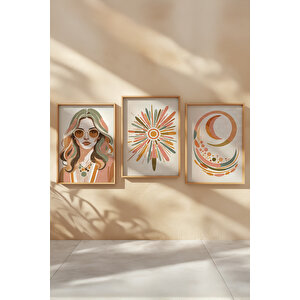 Retro Kadın Ve Soyut Güneş 3 Parçalı Ahşap Çerçeveli Tablo Seti 30x42 cm