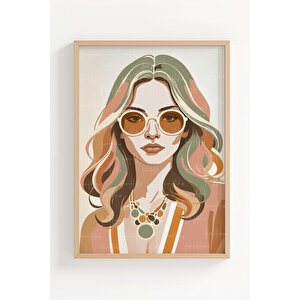 Retro Kadın Ve Soyut Güneş 3 Parçalı Ahşap Çerçeveli Tablo Seti 30x42 cm