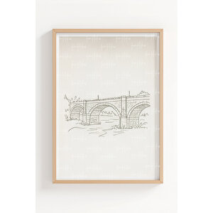 Şehir Ve Köprü Çizim Temalı 3’lü Ahşap Çerçeveli Tablo Seti - Çalışma Odası Dekoru