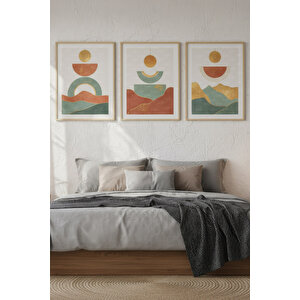 Güneş Ve Dağlar 3’lü Geometrik Ahşap Çerçeveli Tablo Seti - Modern Dekor 50x70 cm