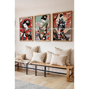 Japon Kadın Figürlü 3'lü Ahşap Çerçeveli Tablo Seti 30x42 30x42 cm