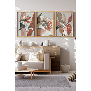 Çiçek Ve Yaprak Desenli 3 Parçalı Ahşap Çerçeveli Tablo Seti 21x30 cm