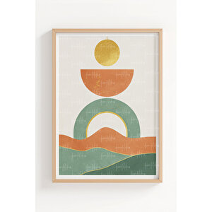 Güneş Ve Dağlar 3’lü Geometrik Ahşap Çerçeveli Tablo Seti - Modern Dekor 21x30 cm