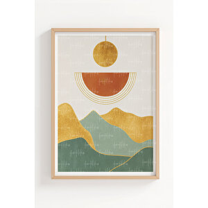 Güneş Ve Dağlar 3’lü Geometrik Ahşap Çerçeveli Tablo Seti - Modern Dekor
