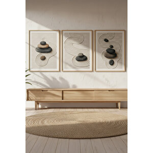 Zen Taşları 3’lü Ahşap Çerçeveli Tablo Seti - Minimalist Duvar Dekoru 30x42 cm