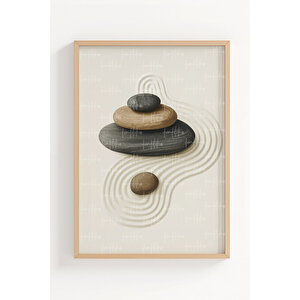 Zen Taşları 3’lü Ahşap Çerçeveli Tablo Seti - Minimalist Duvar Dekoru 30x42 cm