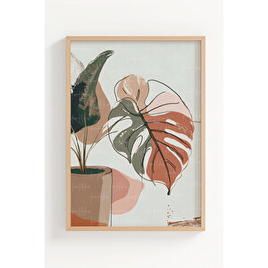 Çiçek Ve Yaprak Desenli 3 Parçalı Ahşap Çerçeveli Tablo Seti