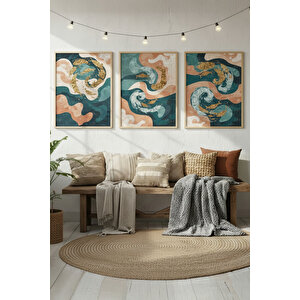 Soyut Dalgalar 3’lü Modern Ahşap Çerçeveli Tablo Seti - Salon Dekorasyonu 50x70 cm
