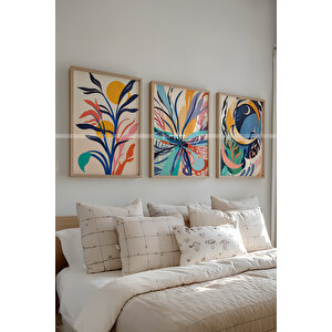 Soyut Doğa Ve Renkli Bitkiler 3 Parçalı Ahşap Çerçeveli Tablo Seti 30x42 cm