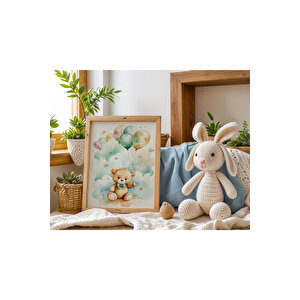 Bebek Ve Çocuk Odası Balonlu Sevimli Hayvanlar Tema Ahşap Çerçeveli 3'lü Tablo Seti 21x30 cm