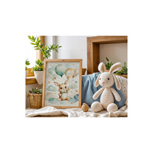 Bebek Ve Çocuk Odası Balonlu Sevimli Hayvanlar Tema Ahşap Çerçeveli 3'lü Tablo Seti