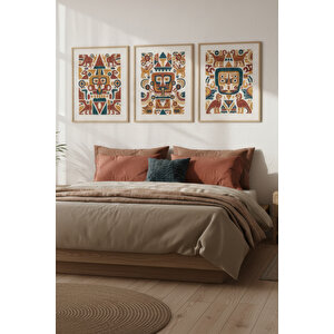 Aztek Tribal Desen 3’lü Ahşap Çerçeveli Tablo Seti 21x30 cm