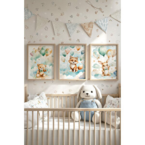 Bebek Ve Çocuk Odası Balonlu Sevimli Hayvanlar Tema Ahşap Çerçeveli 3'lü Tablo Seti 30x42 cm