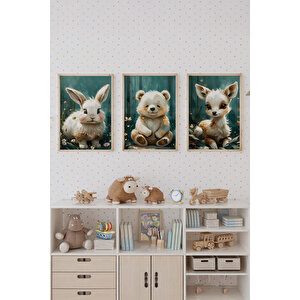 Orman Dostları 3’lü Ahşap Çerçeveli Dekoratif Tablo Seti 30x42 cm