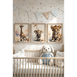 Zürafa, Fil Ve Aslan 3’lü 1. Kalite Ahşap Çerçeveli Tablo Seti – Bebek Odası Dekoru 21x30 cm