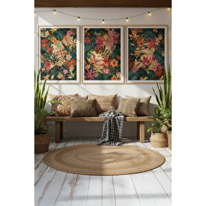 Tropikal Çiçekler 3’lü Renkli Ahşap Çerçeveli Tablo Seti - Salon Dekoru 50x70 cm