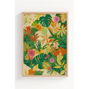 Tropikal Çiçekler 3’lü Renkli Ahşap Çerçeveli Tablo Seti - Salon Dekoru 50x70 cm