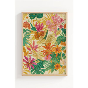 Tropikal Çiçekler 3’lü Renkli Ahşap Çerçeveli Tablo Seti - Salon Dekoru 50x70 cm