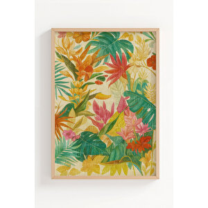 Tropikal Çiçekler 3’lü Renkli Ahşap Çerçeveli Tablo Seti - Salon Dekoru
